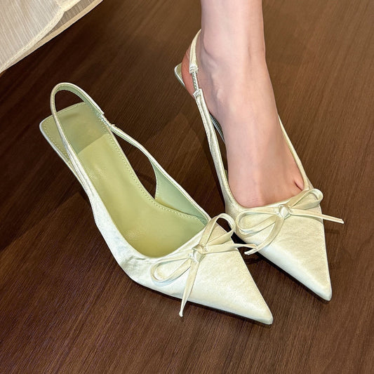 Satin Pointed-toe Bowknot High Heels Women's Spring Shallow Mouth Slingback Sandals