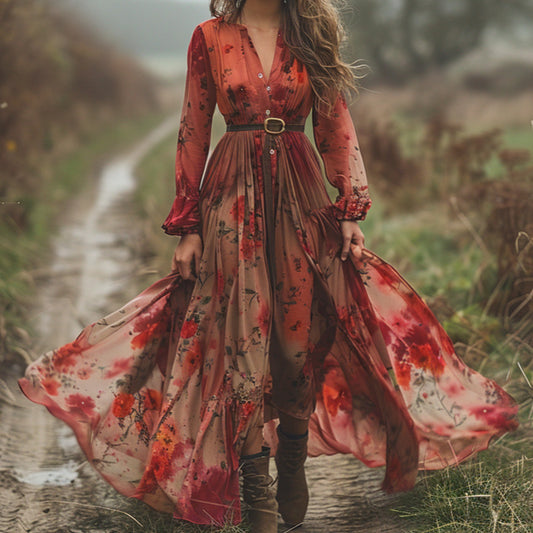 Women's Digital Print Wide V-neck Dress