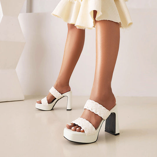 Round Toe Open Toe Side Empty Woven Foot Waterproof Platform Chunky Heel High Heel Sandals