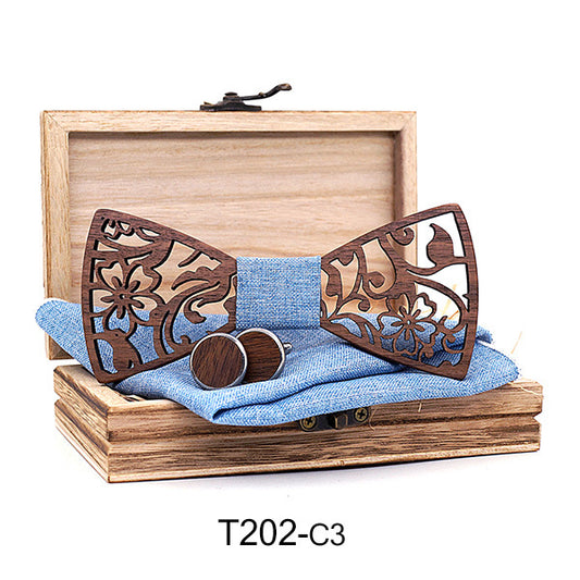 Wooden Hollow Fashion Bow Tie Cufflinks Set