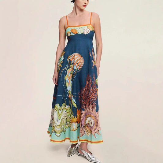 High-waisted Cotton-linen Printed Camisole Casual Fashionable Dress