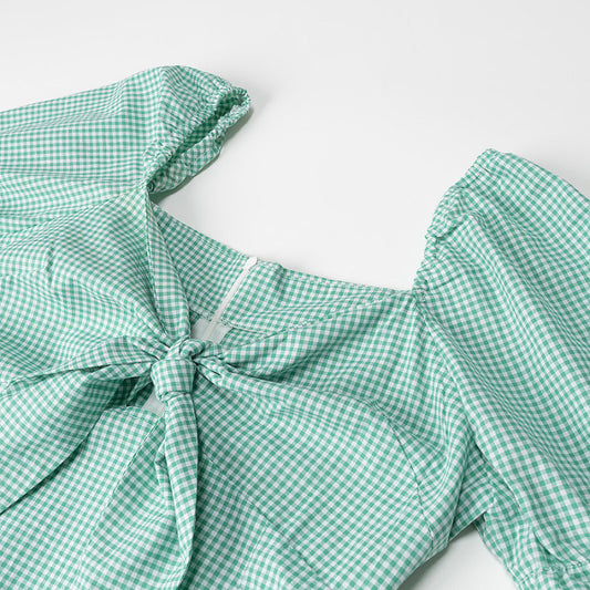 New Women's Fashion Front Knot Check Short Sleeve Dress