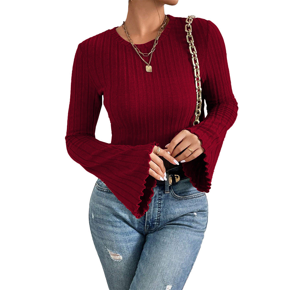 Round-neck Flared Sleeve Wine Red T-shirt Versatile Commuting Top