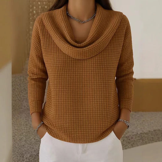 Women's Casual Loose Fashion Solid Color Waffle Long Sleeve Top