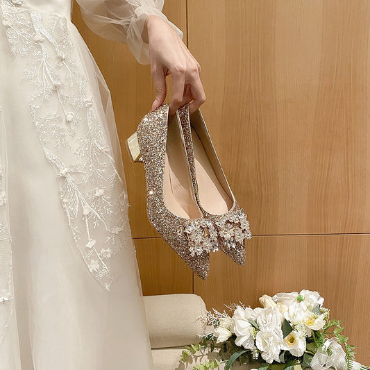 Silver French Style Mid Heel Ladies New Square Buckle Large Size Plus Sizes Pumps