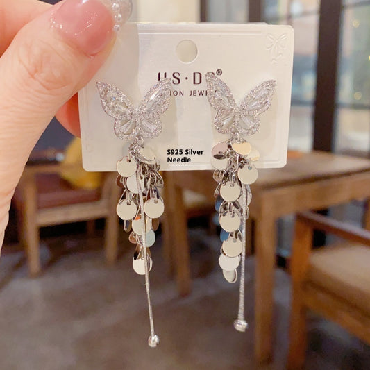 Female High-end Zircon Butterfly Disc Tassel Earrings