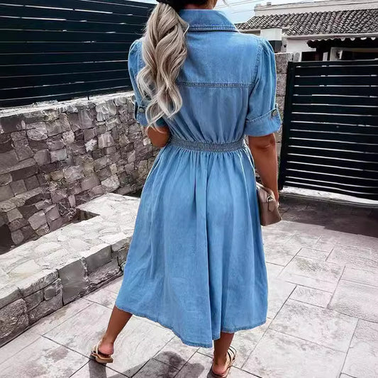 Women's Single-Breasted Denim Shirt Dress - Summer