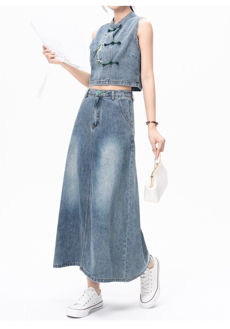 Embroidery High-waisted Slimming Long Dress Chinese Style Suit