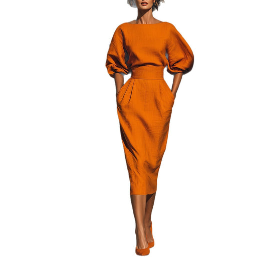 Women's A-line Bubble Sleeve High Waist Gathered Dress