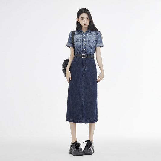 Women's Short-sleeved Denim Dress With Waist-cinching High Waist For A Slimming Effect