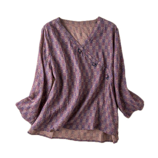 Spring New Linen V-neck Floral Retro Literary Shirt Women