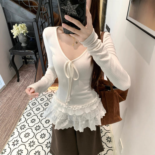 Spliced V-neck Tie Long Sleeve Women's Versatile Slimming Top