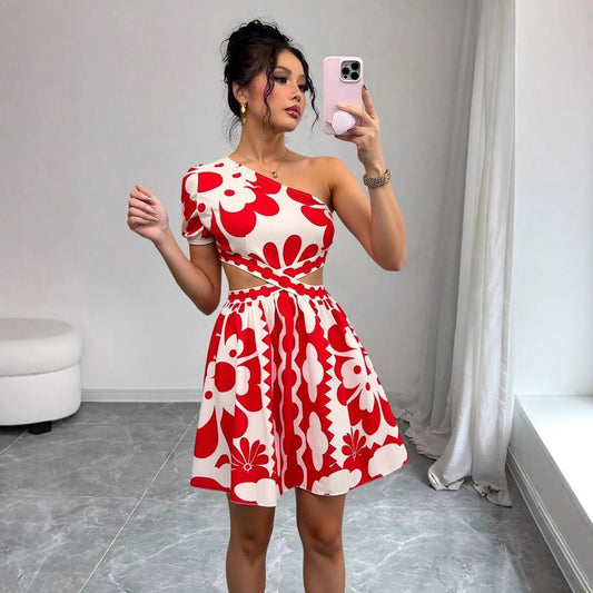 Symmetrical Neckline Hollow Waist Women's Dress