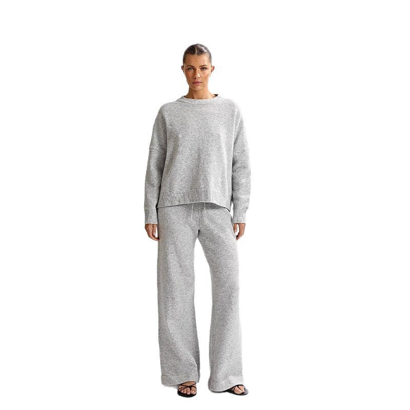 Round-neck Backless Knit Sweater Long Sleeve Pants Set For Women