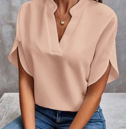 Women's Summer Chiffon V-Neck Shirt - Short Sleeve