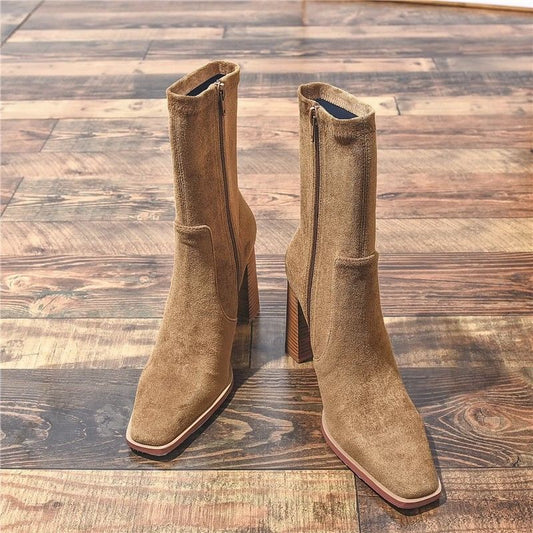 New Square Toe Fleece-lined New Chunky Heel French Boots