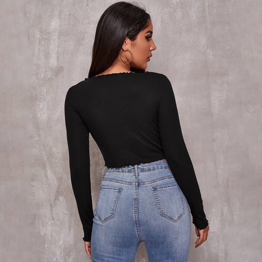 European And American V-neck Long-sleeved T-shirt