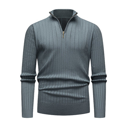 Men's Knitwear Half Zipped Stand Collar Striped Sweater