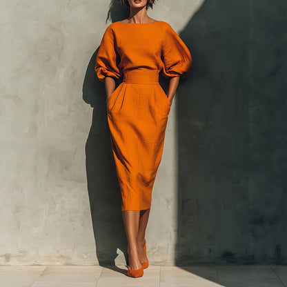 Women's A-line Bubble Sleeve High Waist Gathered Dress