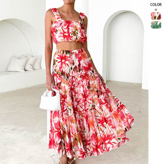 Women's Retro Sleeveless Short Wrap Bustier Printed High Waist Skirt Set