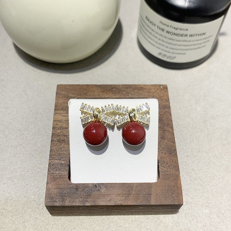 Women's Zircon Bow Pearl Earrings - Silver Needle