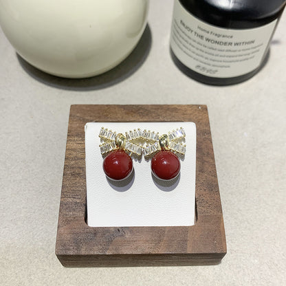 Women's Zircon Bow Pearl Earrings - Silver Needle