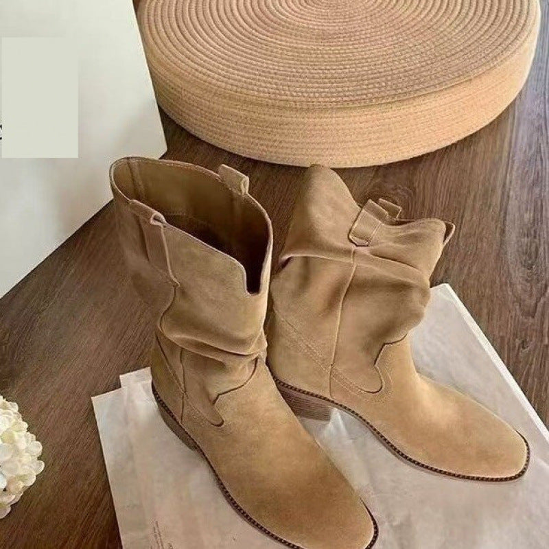 Women's Western Pleated Ankle Boots - Autumn Style