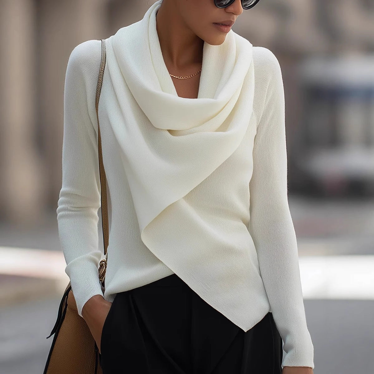 Personality Draped Collar Irregular Solid Color Knitted Sweater
