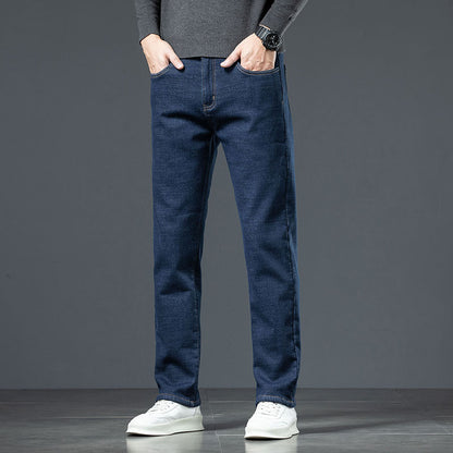 Men's Loose Straight Stretch Fleece-lined Jeans Thickened For Warmth With Lamb Fleece