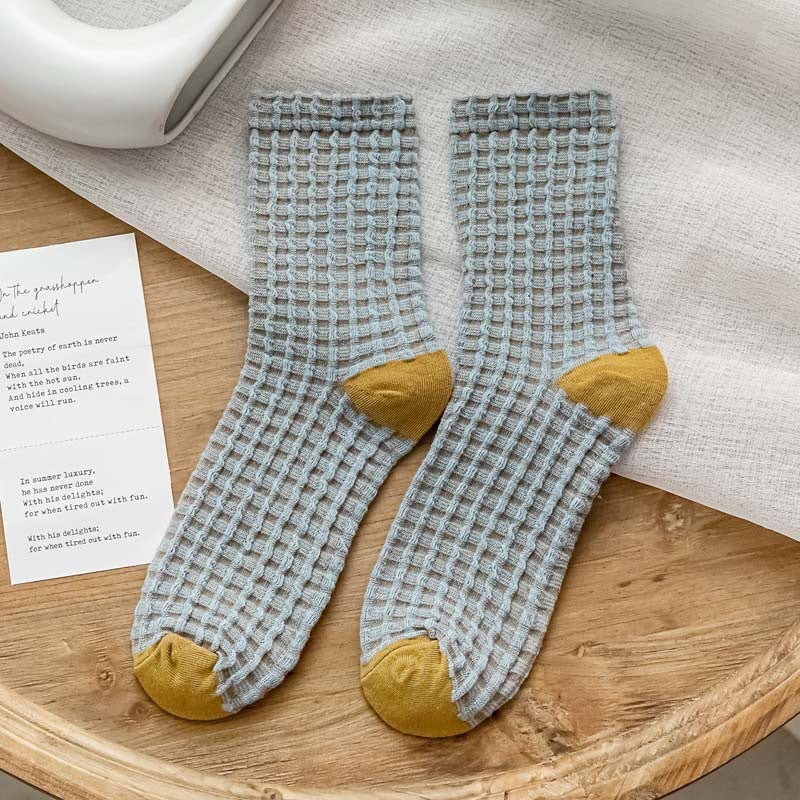 Checkerboard Color-blocked Mid-calf Cotton Sweat-absorbing Long Socks