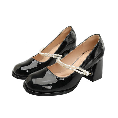 French Chunky Heel Fairy Style Pearls Strap Mary Jane Shoes