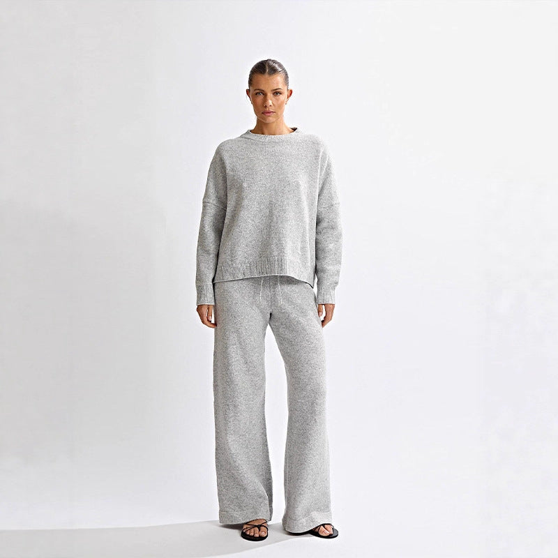 Round-neck Backless Knit Sweater Long Sleeve Pants Set For Women