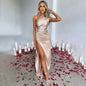 Women's One-Shoulder Satin Dress with Slit - Evening