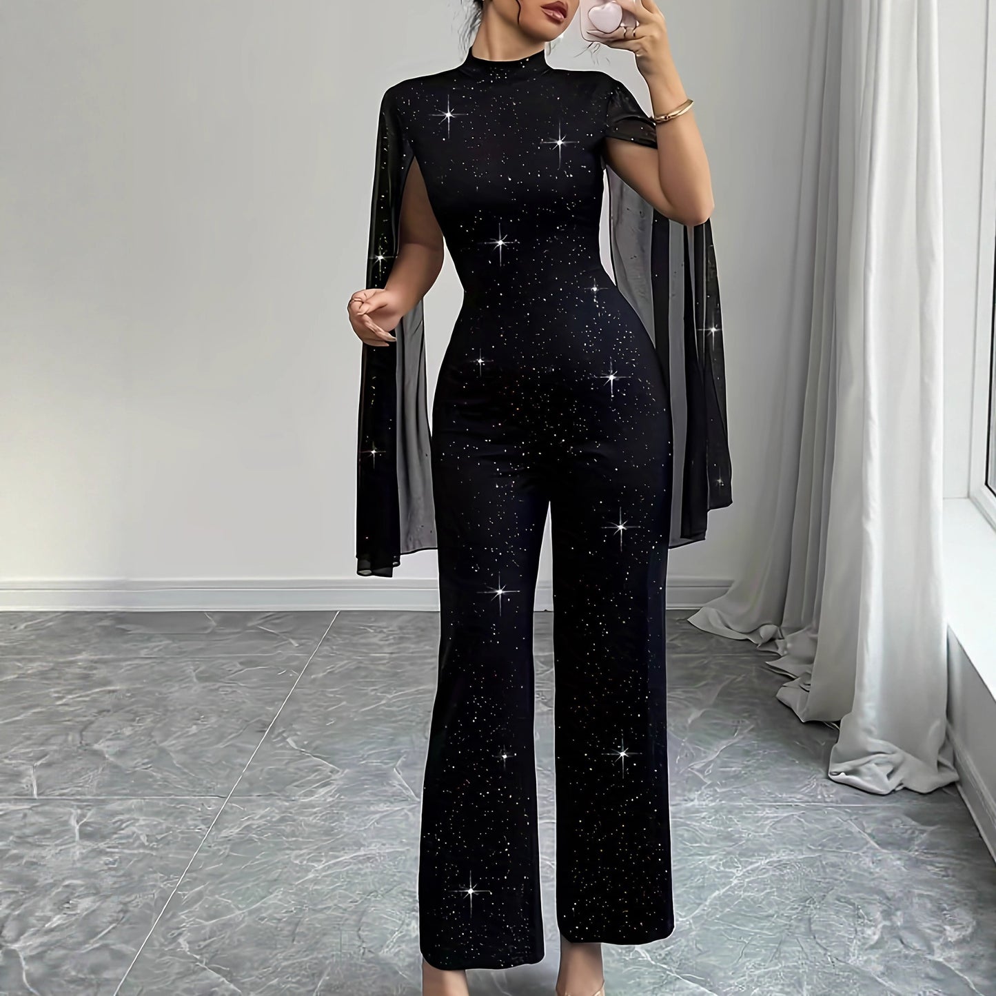 Round Neck Chiffon Lantern Sleeve Patchwork Jumpsuit