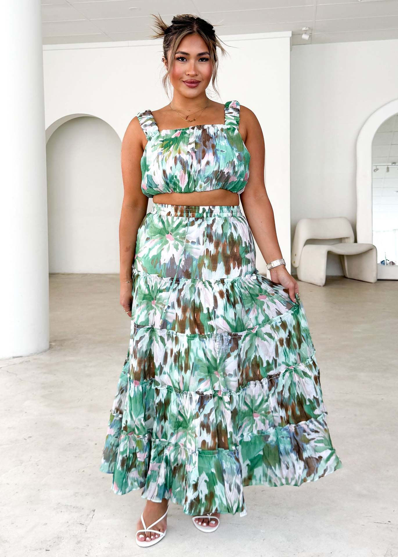 Women's Retro Sleeveless Short Wrap Bustier Printed High Waist Skirt Set