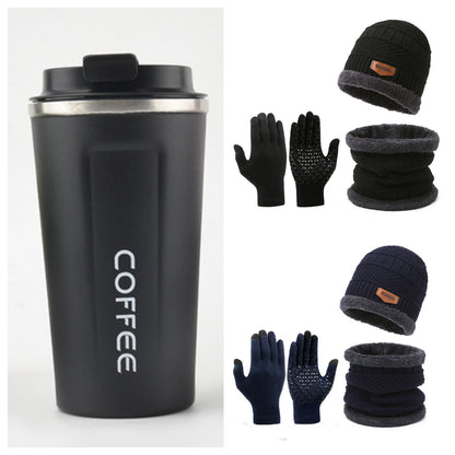 Men's Winter Scarf Gloves Three-piece Set Fleece-lined Warm Knitted Hat