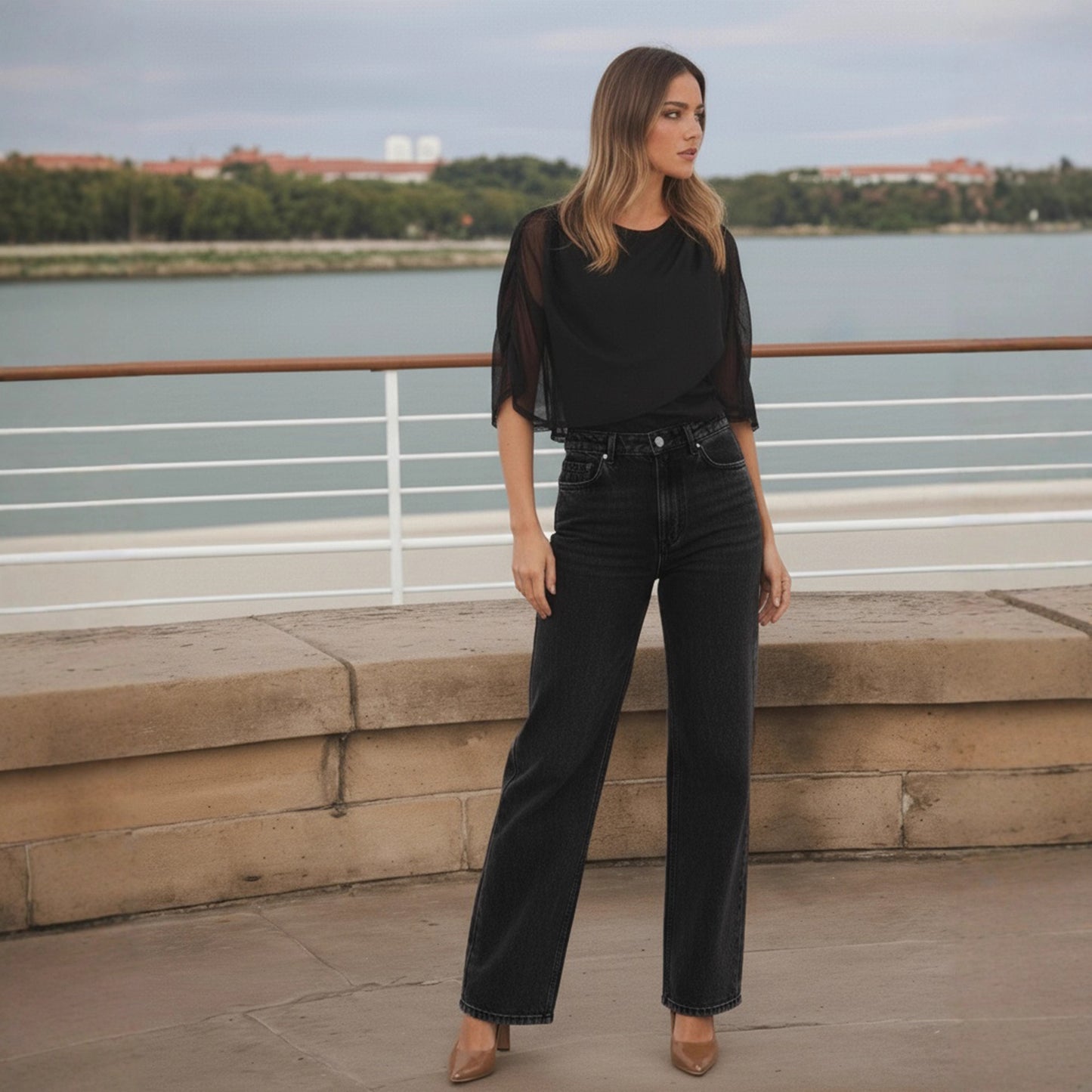 Solid Color Fashion Spliced Mesh Collar Slim And Versatile Commuter Top