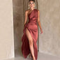 Women's One-Shoulder Satin Dress with Slit - Evening