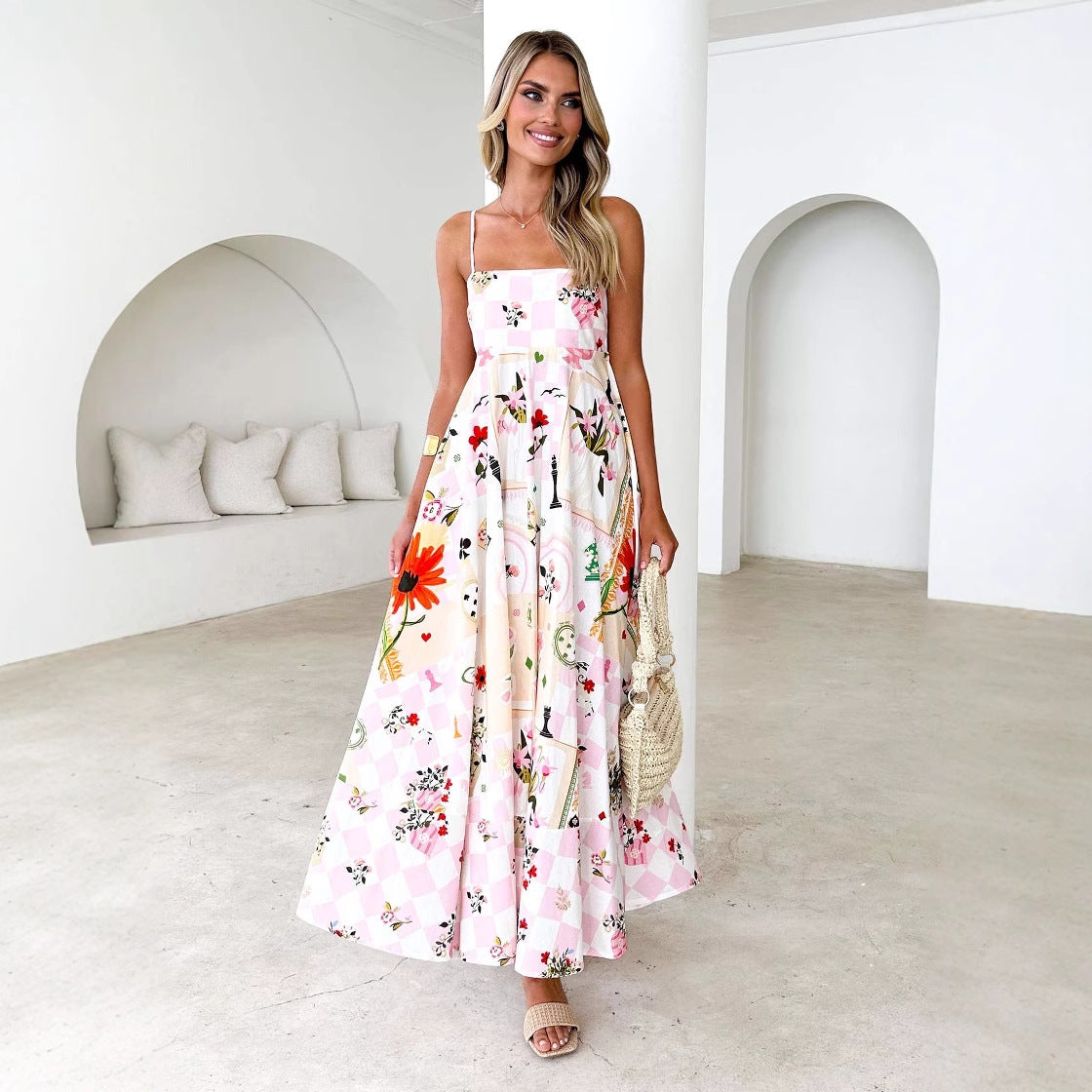 Women's Fashion Printed Backless Sling Large Swing High Waist Dress