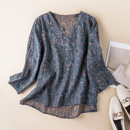 Spring New Linen V-neck Floral Retro Literary Shirt Women