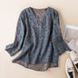 Spring New Linen V-neck Floral Retro Literary Shirt Women