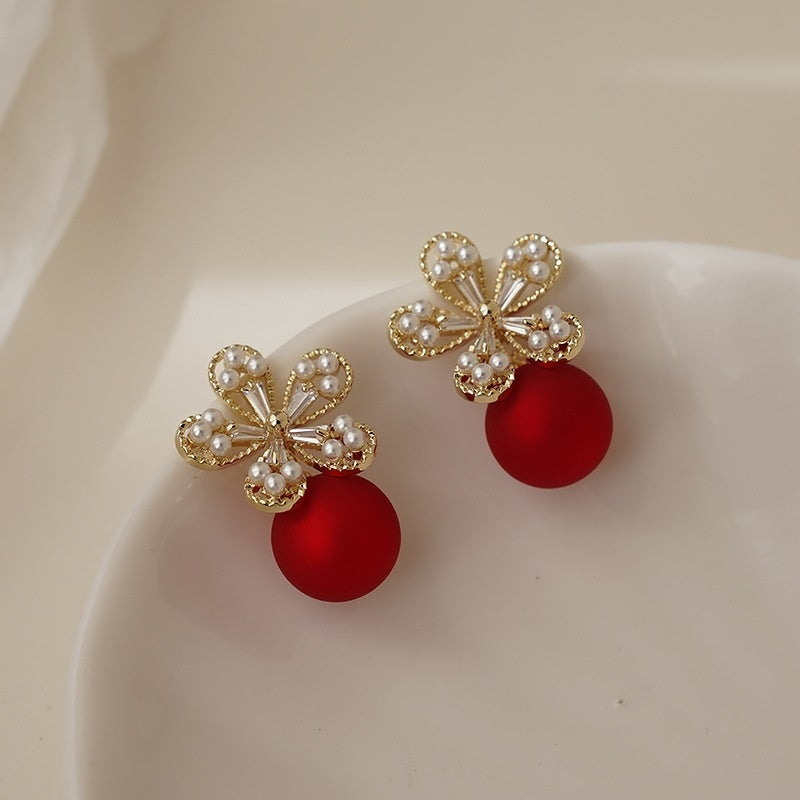 Silver Needle Pearl Flower Earrings Love Sweet Fashion