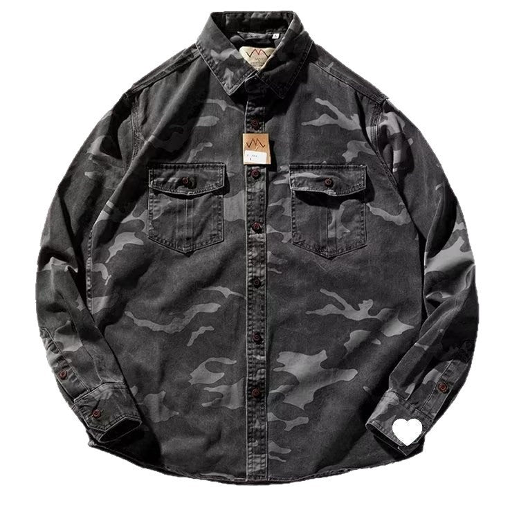 Men's Distressed Washed Camouflage Collar Casual Jacket