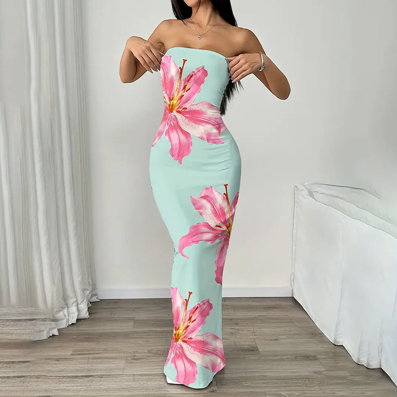 Lady's Sexy Strapless Slim-fit Printed Maxi Dress