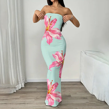 Lady's Sexy Strapless Slim-fit Printed Maxi Dress