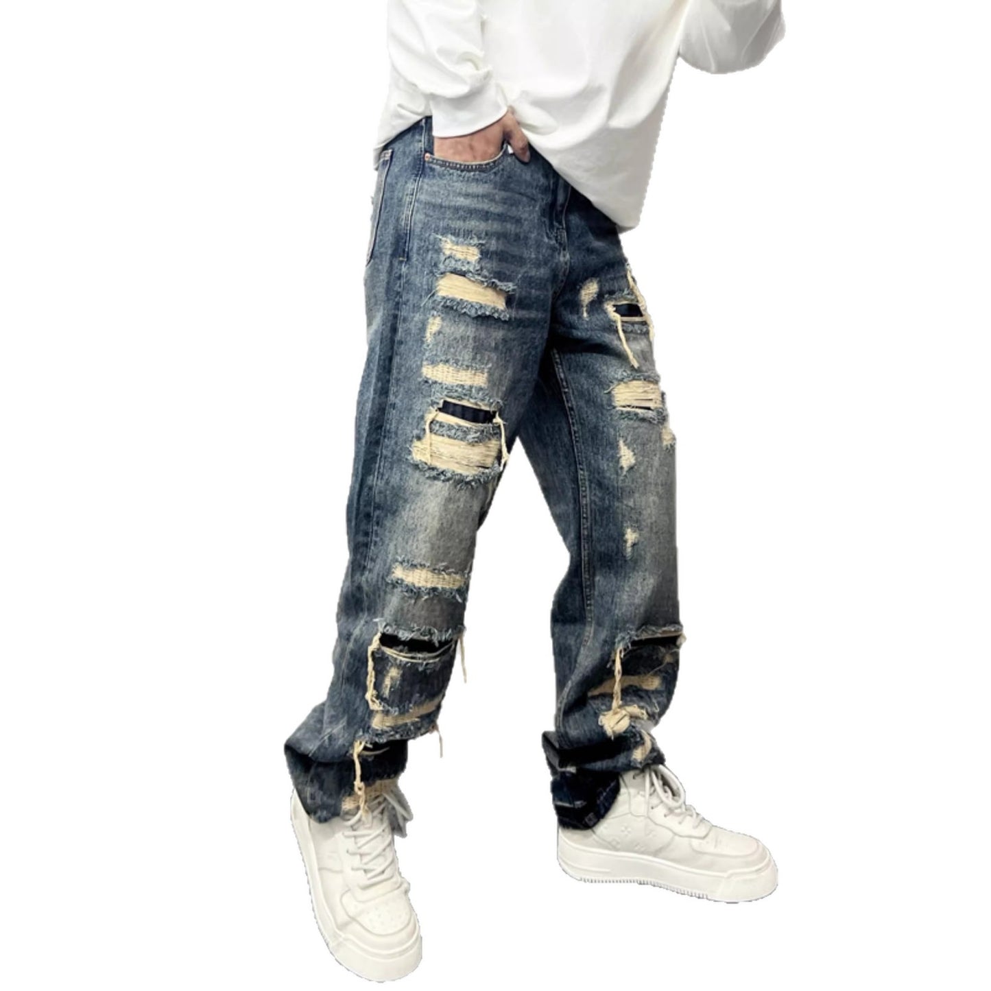 American Casual Stylish Ripped Patch Jeans
