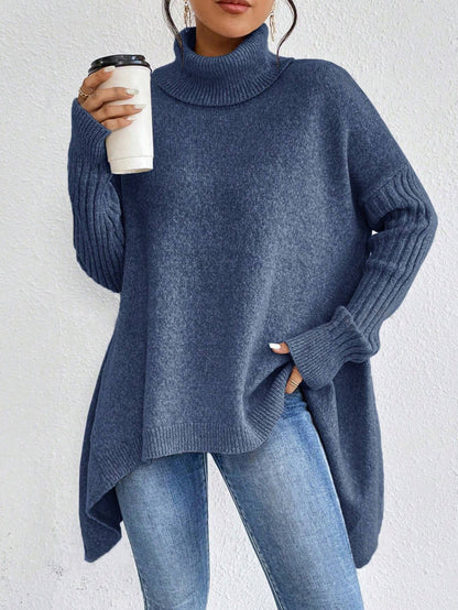 Women's Irregular Turtleneck Sweater - Loose Fit