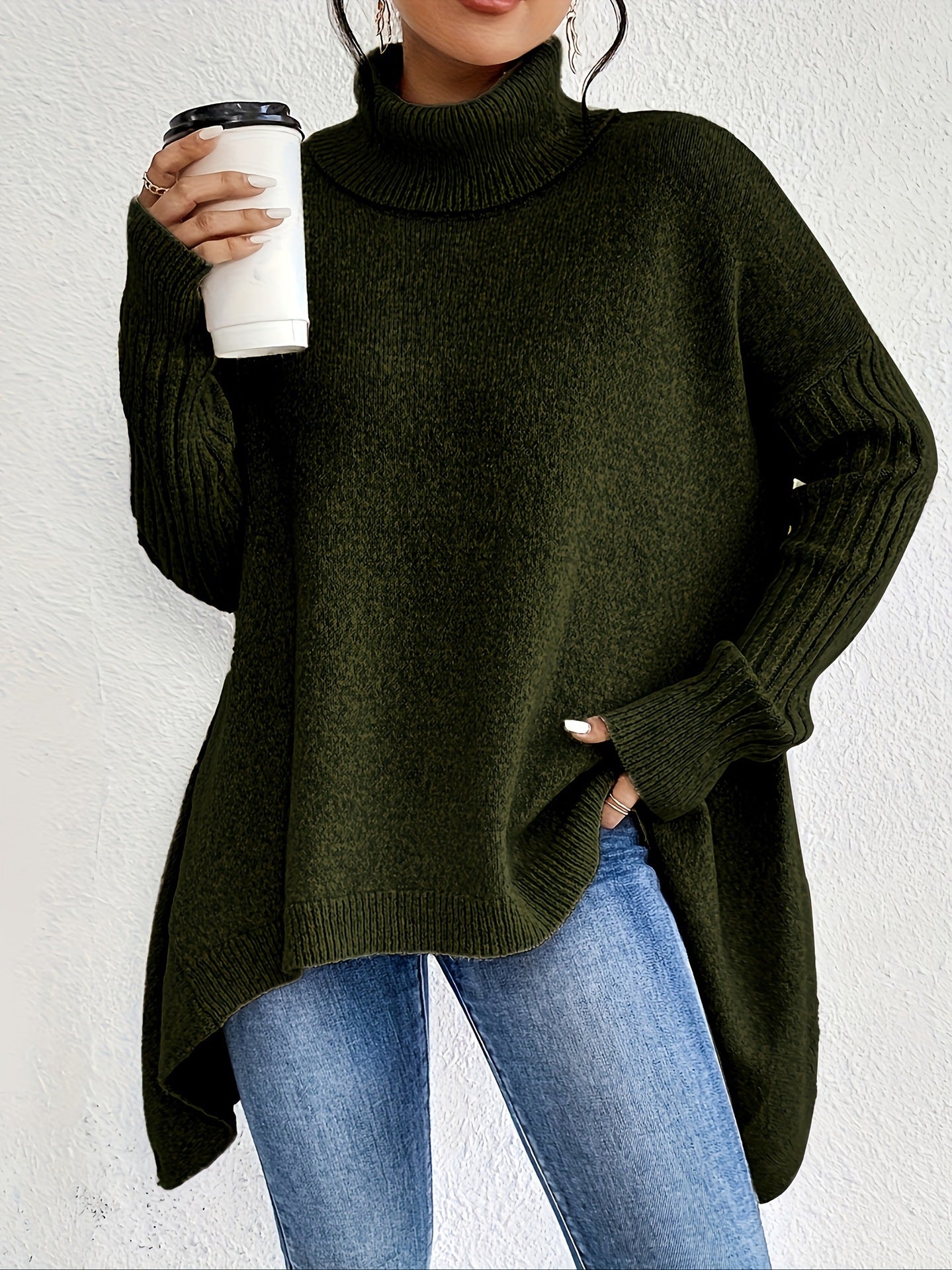 Women's Irregular Turtleneck Sweater - Loose Fit
