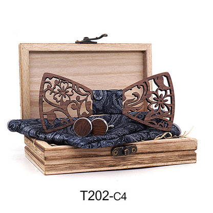 Wooden Hollow Fashion Bow Tie Cufflinks Set