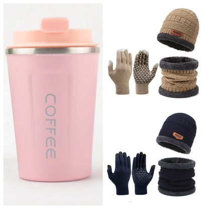 Men's Winter Scarf Gloves Three-piece Set Fleece-lined Warm Knitted Hat